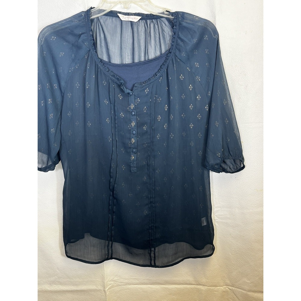 Krazy Kat Navy Blue Tunic Top Sheer Overlay 3/4 Sleeve Boho Blouse Large